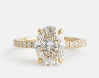IGI Certified Lab Grown Oval Diamond Engagement Ring: Hidden Halo, Pavé Band