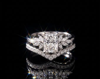 2.5 Carat Radiant Cut Diamond Engagement Ring Set, Floral Marquise, V-Shaped Band, 3.5g Gold