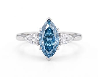 Marquise Blue Diamond Engagement Ring, Pear Side Stones, White Gold Bridal Ring
