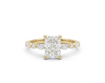 Emerald Cut Lab Grown Diamond Engagement Ring, 14K Gold Pave Setting Bridal Ring