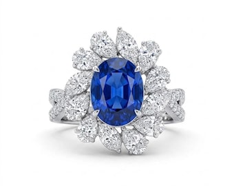 3.50 CT Oval Blue Lab Diamond Halo Ring 14K Gold Pave Setting Anniversary Ring