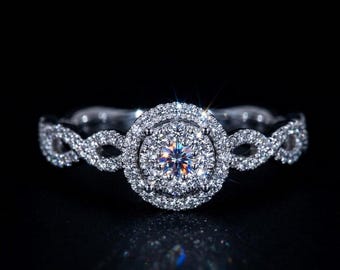 Round Moissanite Halo Ring, 14K Gold Pave Band, Antique Cut Bridal Engagement Ring