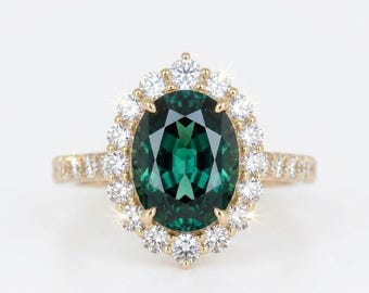 Anello di fidanzamento ovale con diamante sintetico verde e contorno di diamanti, fede nuziale vintage in oro, regalo di anniversario
