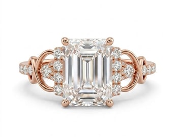 Emerald Cut Lab Grown Diamond Engagement Ring, 18K Gold Minimalist Band, Round Side Stones
