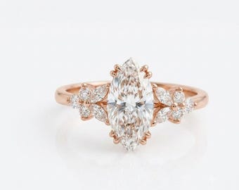 Marquise Moissanite Engagement Ring, 14K Gold Anniversary Proposal Ring