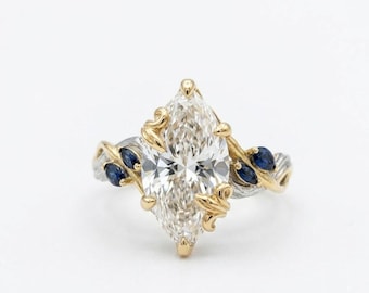3CT Marquise Moissanite Engagement Ring, 14K Gold Nature Inspired Vintage Ring