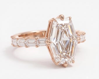 3 Carat Elongated Hexagon Diamond Ring, 14K Gold Engagement Ring, Baguette Side Stones