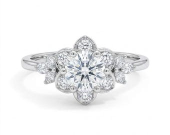 1.5 Carat Oval Moissanite Engagement Ring, Floral Halo, 14K Gold Antique Style Promise Ring