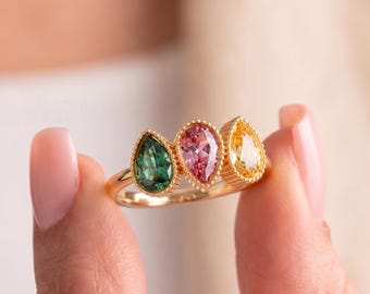 Unique Anniversary Gift: Three Stone Vintage Ring | Green Pink Champagne Gold Gemstone Statement Piece