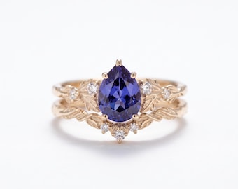 Pear Cut Blue Sapphire Ring Set, Nature Inspired Engagement Ring, Vintage Diamond Wedding Band