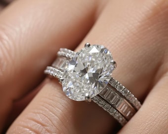 Oval Cut Lab Diamond Engagement Ring, 18K Gold Pave Bridal Band (3 CT Approx)