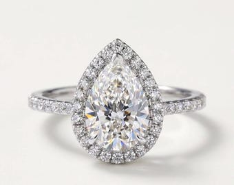 Pear Cut Halo Engagement Ring, Moissanite or Lab Grown Diamond, Pavé Band Wedding Ring