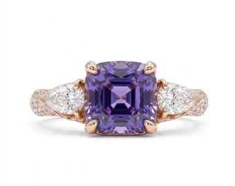 Purple Gemstone Cushion Cut 3 Stone Engagement Ring, Rose Gold Bridal Jewelry