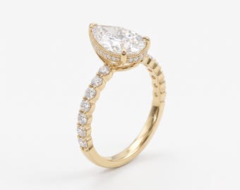 2.5 Carat Pear Diamond Engagement Ring, Solid Gold Pavé Band, Teardrop Bridal Ring