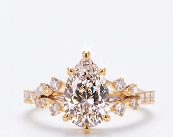 Pear Cut Moissanite Leaf Engagement Ring, Solid Gold Bridal Promise Ring