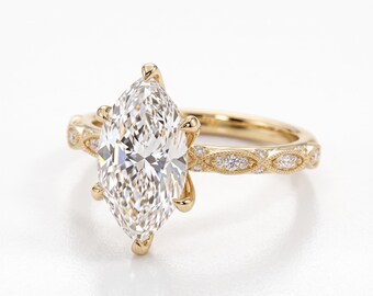 1.75 Carat Marquise Diamond Engagement Ring, Vintage Bridal Ring, Unique Wedding Jewelry