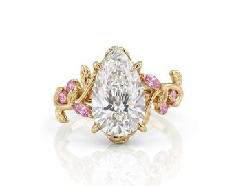 3CT Pear Cut Lab Diamond Engagement Ring: 14K Gold Pave Setting Bridal Band