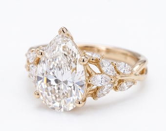 3 Carat Pear Cut Diamond Ring, 14K Gold Leaf Band, Vintage Bridal Statement Ring