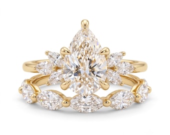 Pear Cut Moissanite Engagement Ring Set, Marquise Wedding Band, 14K Gold Bridal Set