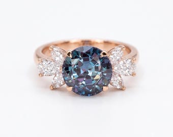 Vintage Blue Stone Ring, 2.5 Carat Round Cut, Floral Cluster, Rose Gold Finish Engagement