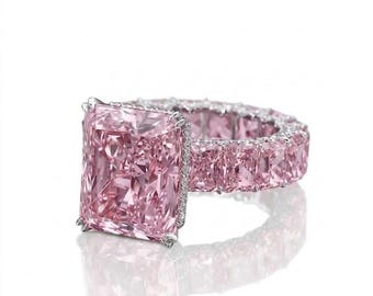 Radiant Cut Pink Moissanite Engagement Ring Hidden Halo Pave Setting Solid Gold Bridal Ring