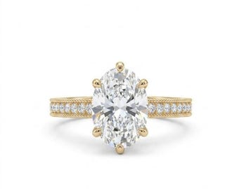 Oval Cut Lab Diamond Engagement Ring, 18K Gold Pave Setting Bridal Ring