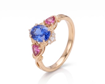 Blue Sapphire Pink Sapphire Floral Engagement Ring, Vintage Gold Tone Women's Wedding