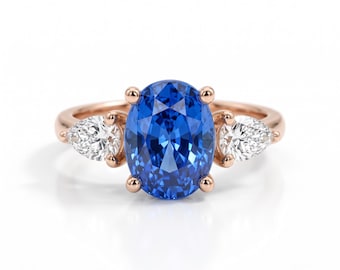 Oval Cut Blue Diamond Three Stone Engagement Ring, Yellow Gold Bridal Jewelry