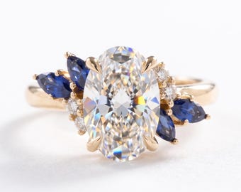Oval Diamond Engagement Ring with Blue Sapphire Accents, 14K Gold Statement Ring