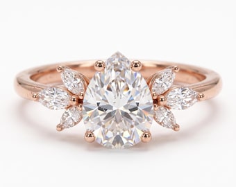 Rose Gold Pear Cut Bridal Ring | Lab Grown Diamond Floral Design
