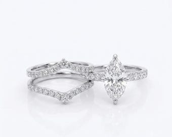 Marquise Engagement Ring Set, Moissanite Diamond Bridal Set, Curved Chevron Band