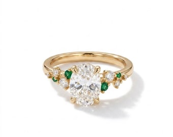 Oval Cut Moissanite Engagement Ring, Green Emerald Floral Gold Bridal Ring