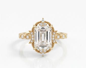 Marquise Cut Moissanite Engagement Ring, Vintage Floral 18K Gold Bridal Ring