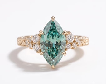 2.5CT Marquise Green Diamond Engagement Ring, Vintage Gold Art Deco Floral Band
