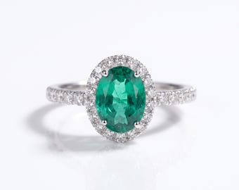 Oval Emerald Halo Engagement Ring, 1.5 Carat Diamond, White Gold Bridal Jewelry