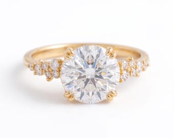 2.50 CT Round Moissanite Engagement Ring | 14K Solid Yellow Gold Cluster Side Stones