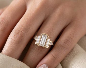 Emerald Cut Moissanite Ring, 2CT Diamond, 18K Gold Vintage Proposal Ring