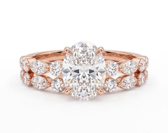Oval Cut Diamond Engagement Ring, Rose Gold Pave Band, Dainty Bridal Wedding Ring