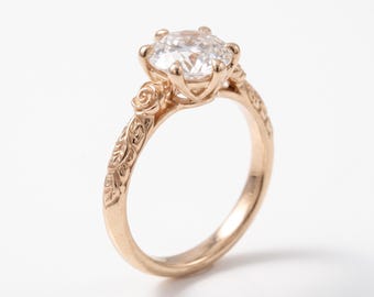 1.5 Carat Round Cut Diamond Engagement Ring, Vintage Floral Gold Solitaire Bridal Jewelry