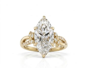 2.50CT Marquise Cut Moissanite Engagement Ring, 14K Gold Vintage Style, Round Side Diamonds
