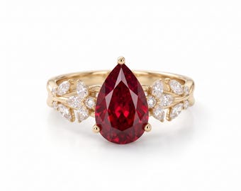 Pear Cut Ruby Engagement Ring, Solid Gold, Vintage Floral Diamond Halo