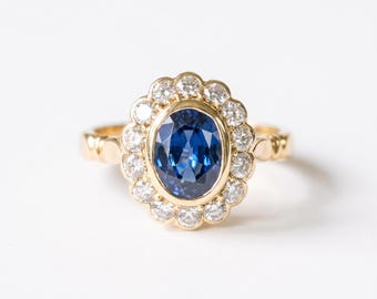 Oval Blue Sapphire Diamond Halo Ring, 2.5 Carat, 925 Sterling Silver Vintage Bridal