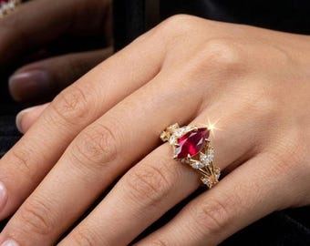 Marquise Cut Lab Grown Diamond Halo Ring, 14K Gold Vintage Proposal Ring