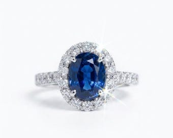 Oval Cut Blue Moissanite Halo Engagement Ring in 14K Gold – Vintage Bridal Promise Ring