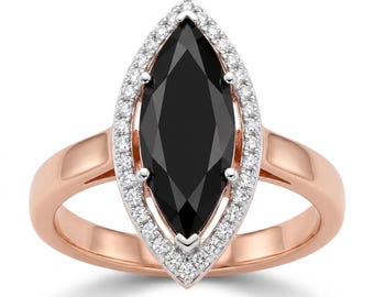 Black Marquise Engagement Ring | Rose Gold Gothic Halo | Unique Statement Jewelry