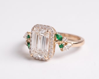 Emerald Cut Diamond Halo Ring, 3 Carat Stone, Green Side Accents, 925 Sterling Silver Vintage