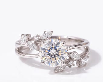2.25 Carat Round Diamond Engagement Ring, Gold Floral Leaf Nature Inspired Bridal Ring