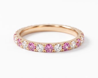 Pink and White Eternity Ring | Rose Gold Wedding Band | Pink Gemstone Anniversary Gift