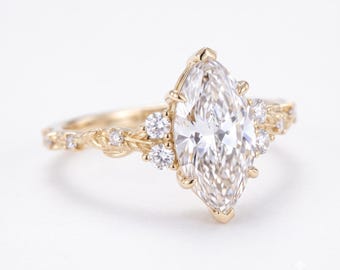 Unique Marquise Cut Engagement Ring - Gold Floral Vintage Nature Wedding Gift