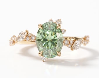 2 Carat Oval Green Diamond Engagement Ring, Vintage Floral Gold Band, Women's Jewelry
